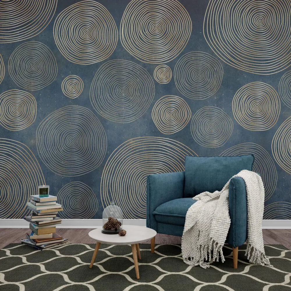 Gold Geometric Circles Wallpaper: Modern Blue Abstract Pattern