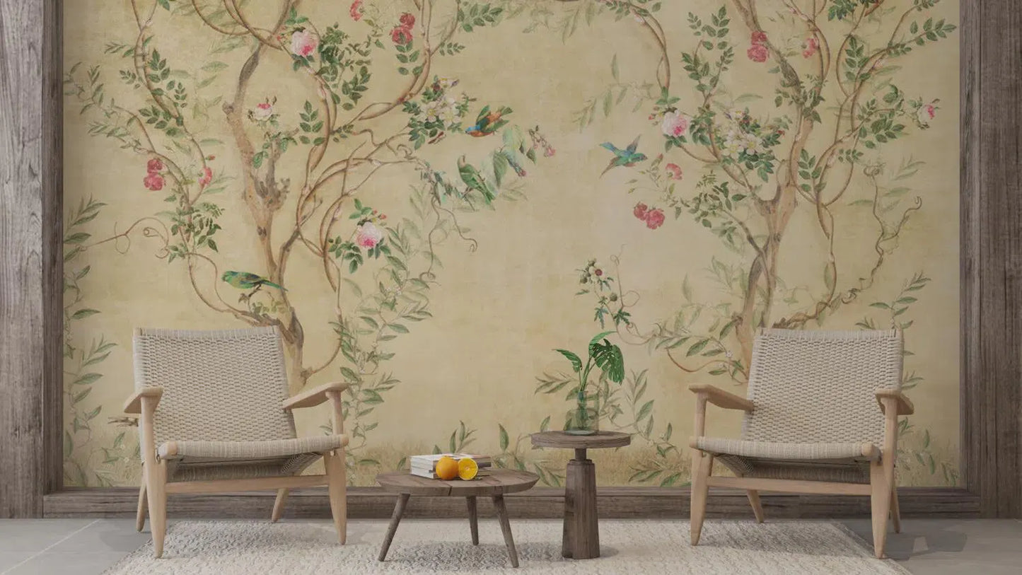 Vintage Gold Chinoiserie Wallpaper: Birds & Botanical Peel and Stick Mural
