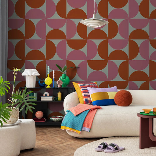 Geometric Pattern Wallpaper in Warm Colors, Pink and Red Wallpaper, Bedroom Wallpaper, Energetic Wallpaper, Geometric Wallpaper, Wall Mural