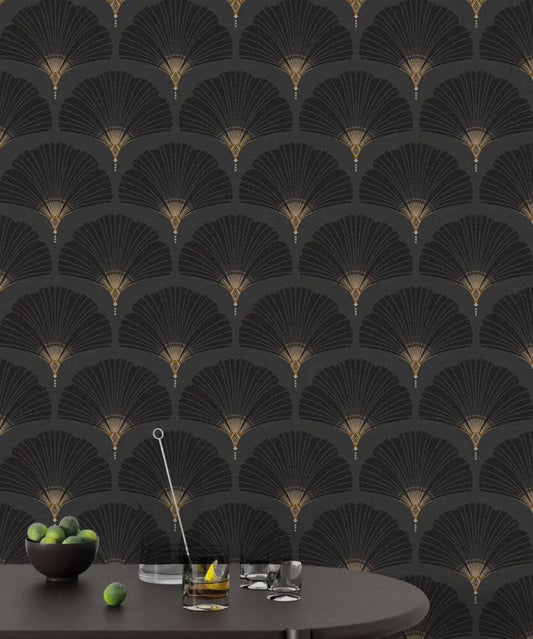 Black Fan Pattern Wallpaper: Retro Removable Wall Decal