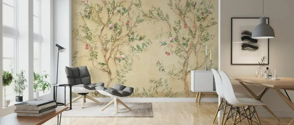 Vintage Gold Chinoiserie Wallpaper: Birds & Botanical Peel and Stick Mural