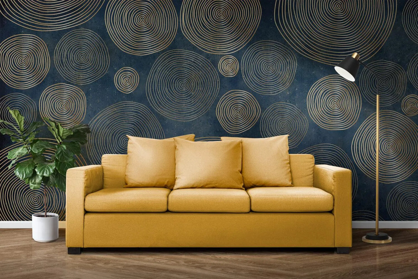 Gold Geometric Circles Wallpaper: Modern Blue Abstract Pattern