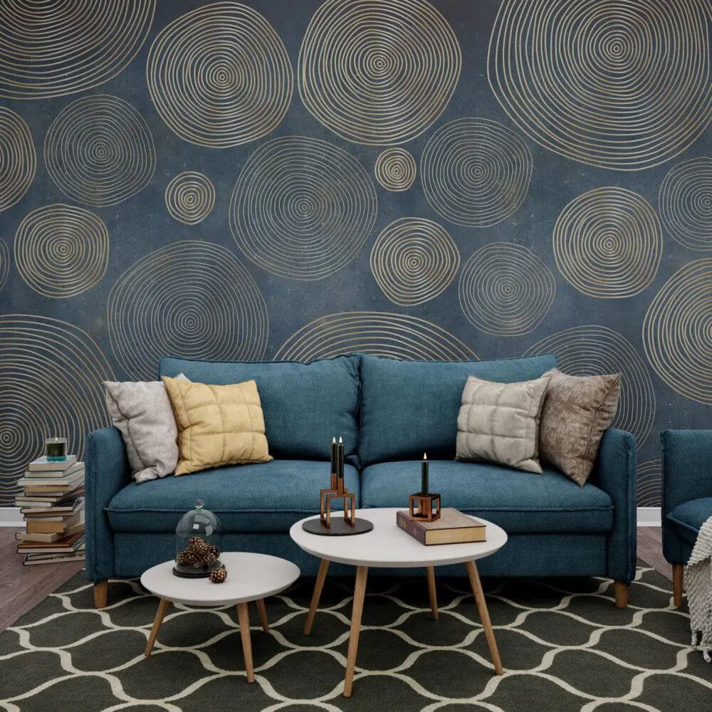 Gold Geometric Circles Wallpaper: Modern Blue Abstract Pattern